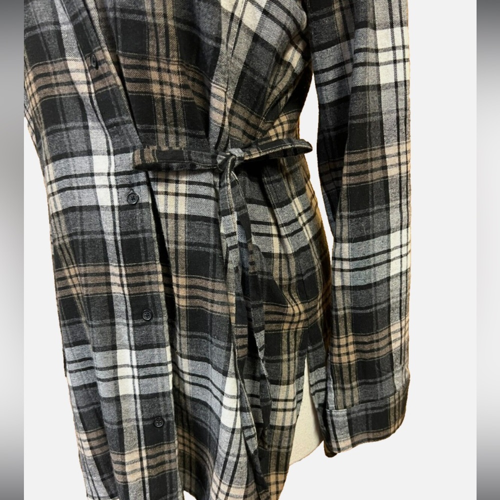 Robert Rodriguez Button Up Tunic Shirt w/ Side Tie Black Plaid Flannel SZ L